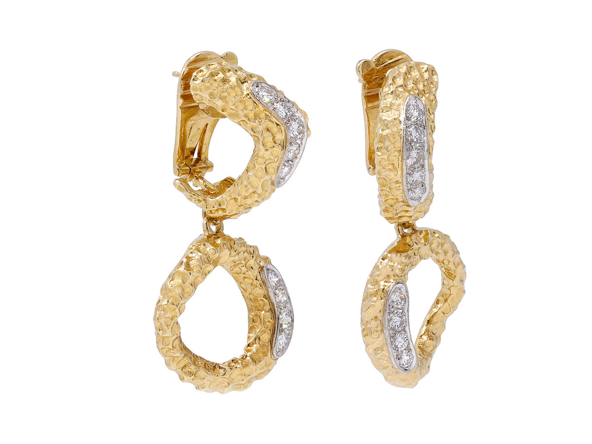 Textured 18K gold drop hoop earrings with two rows of diamonds
