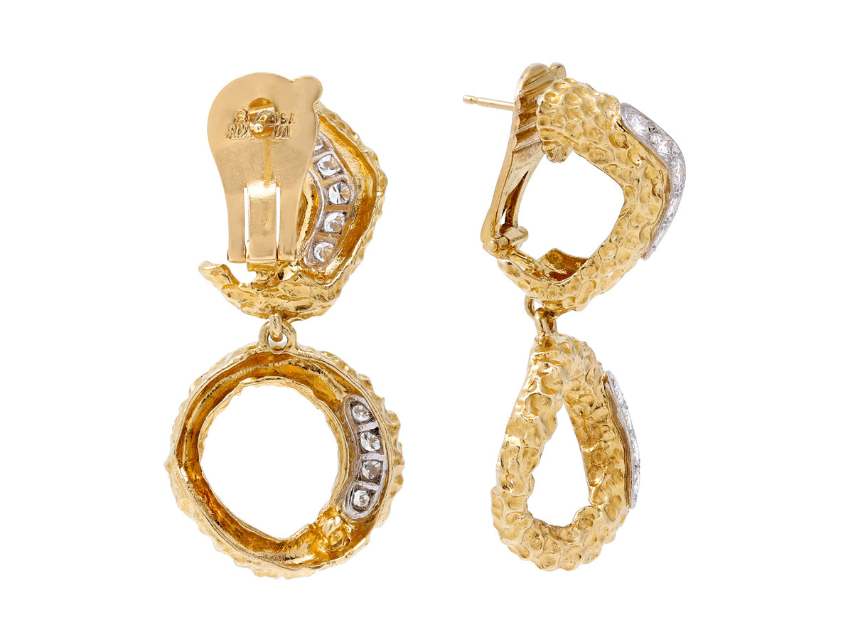 Textured 18K gold drop hoop earrings with diamonds