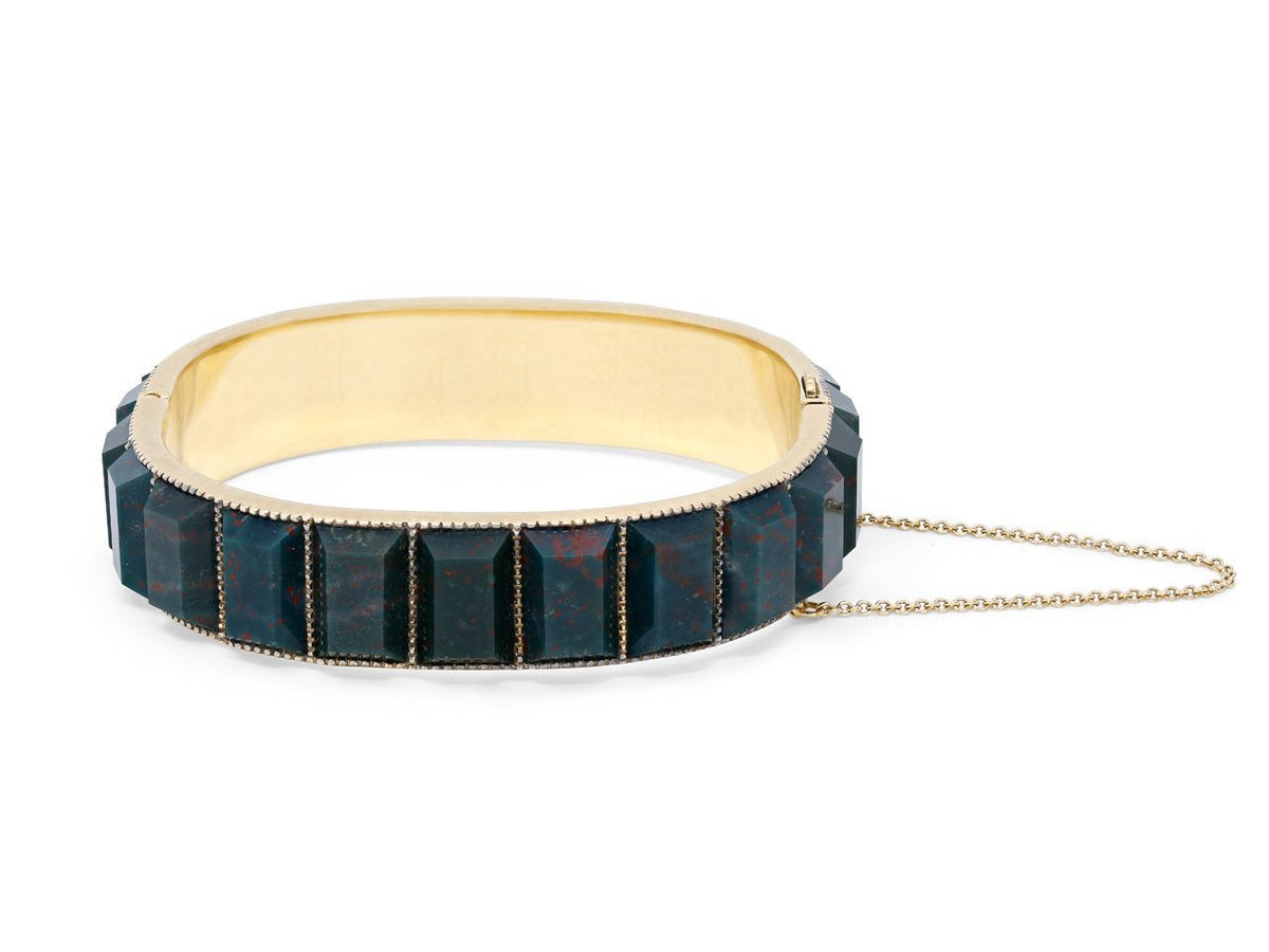 18K gold bloodstone bangle bracelet with chain