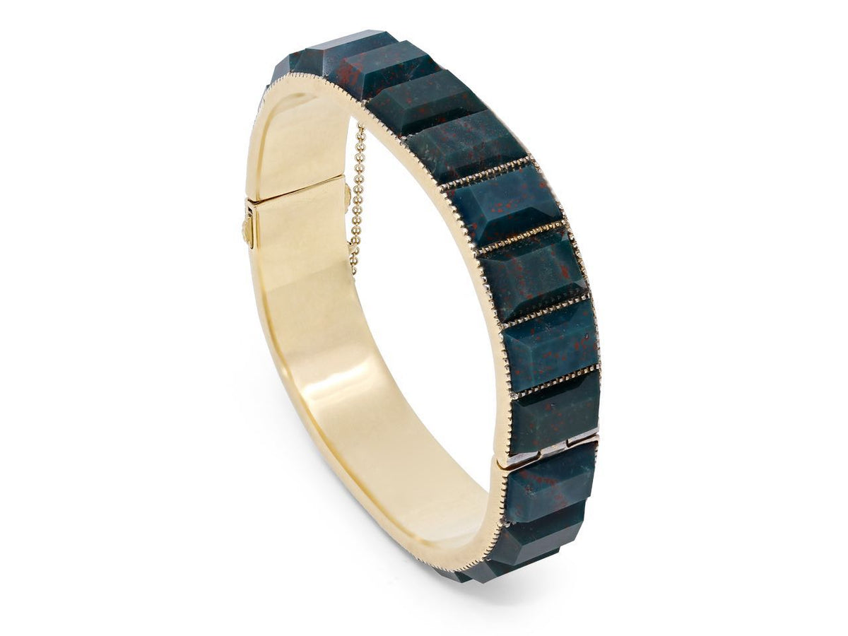 18K gold hinged bangle with rectangular bloodstone panels