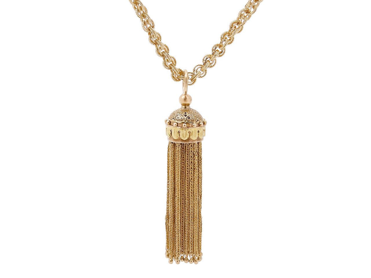 Antique 14K gold tassel necklace with ornate pendant