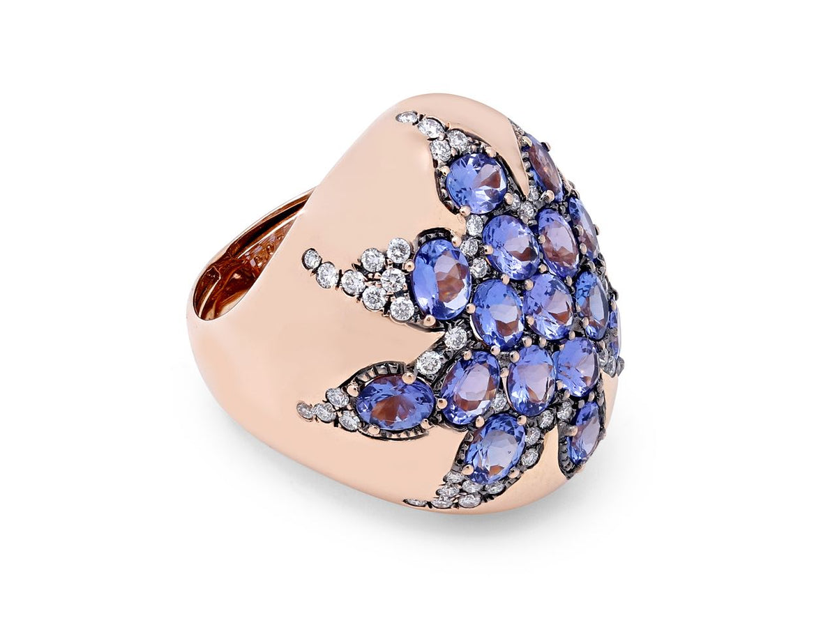 18K rose gold ring with purple blue tanzanites and diamonds