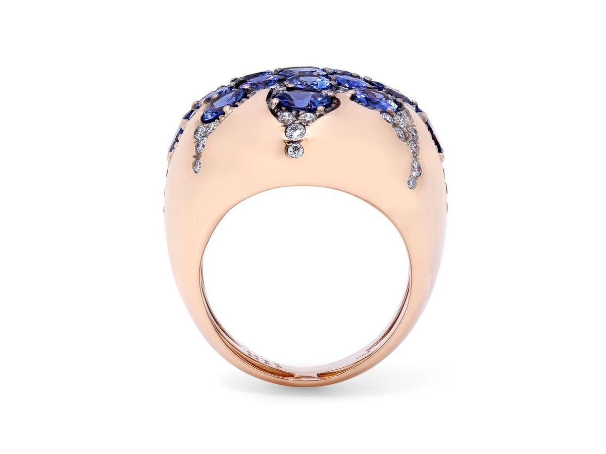 Rear view of an 18K rose gold ring with purple blue tanzanites and diamonds