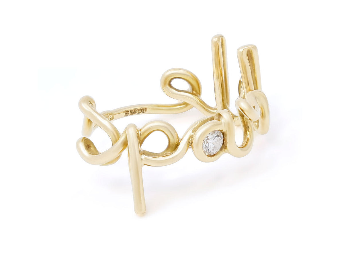 18K gold Sparkle word ring with diamond accent