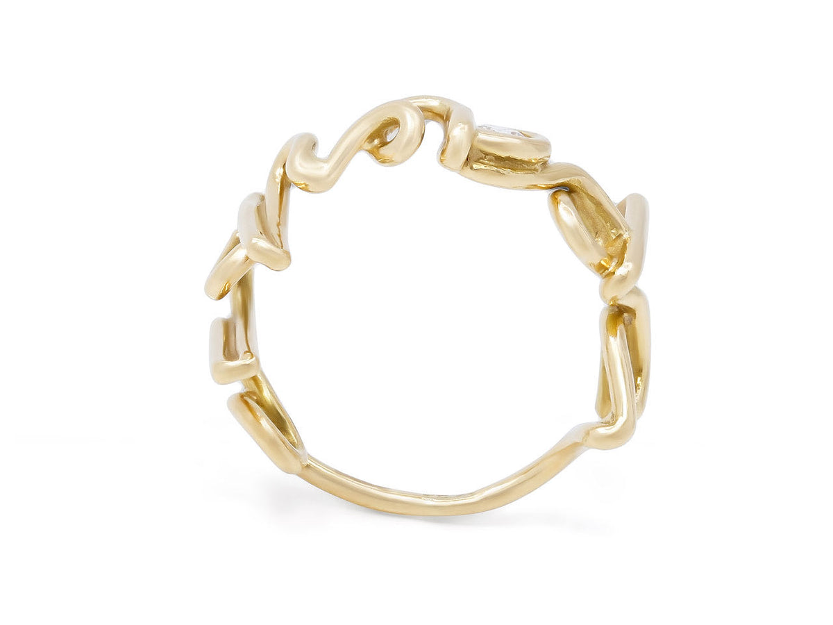 18K gold handwritten script ring on white background
