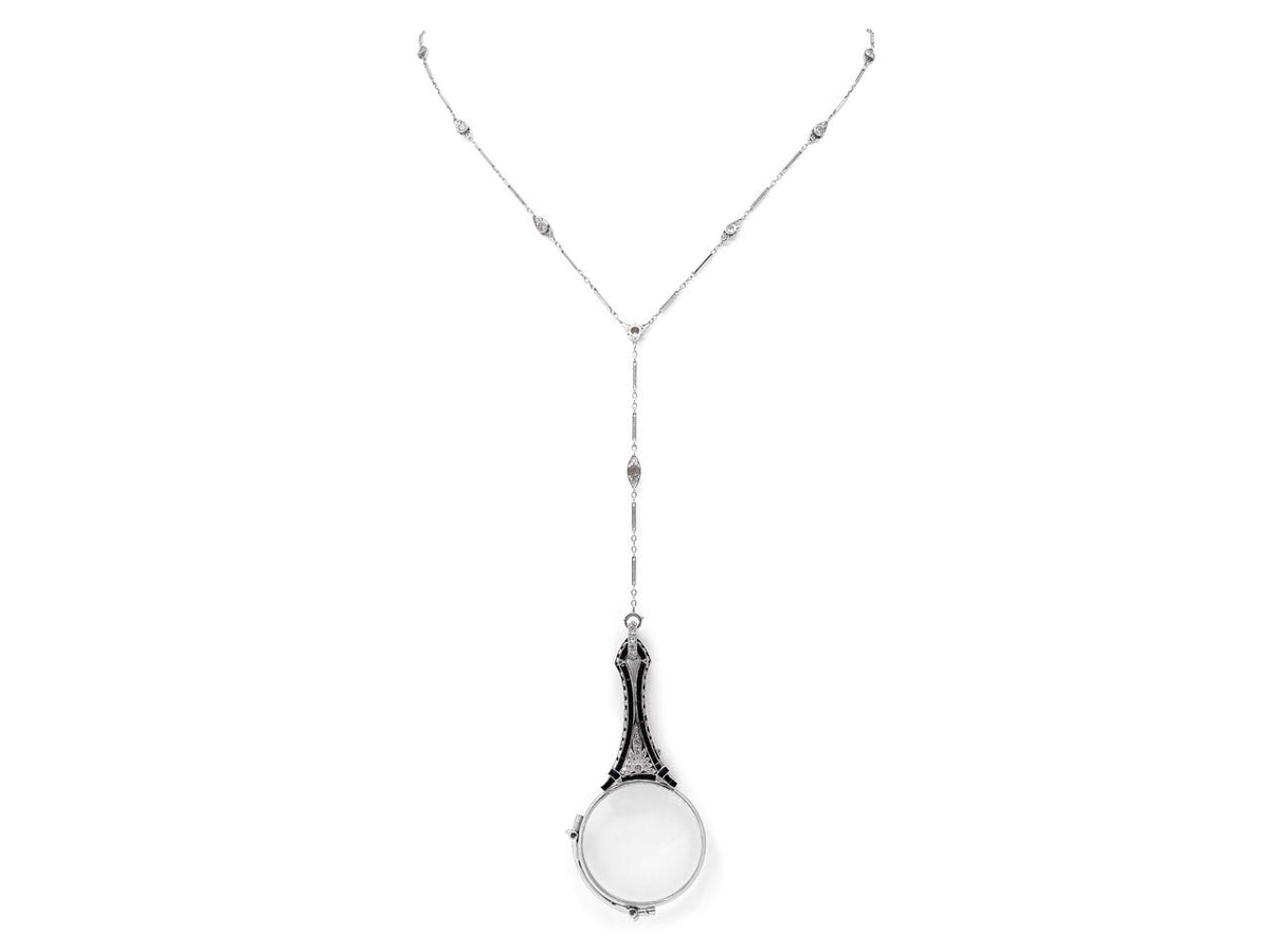 White gold lorgnette necklace with onyx and diamonds