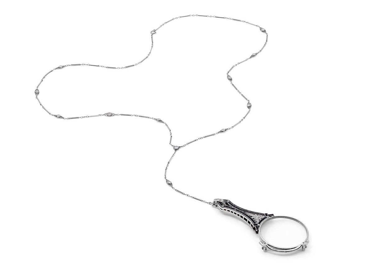 White gold lorgnette necklace with onyx and diamonds