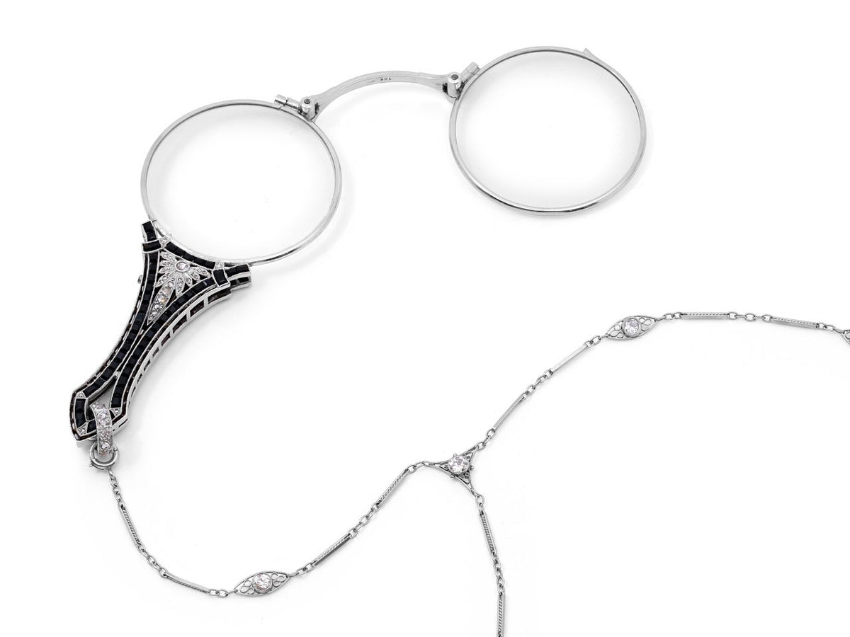 Antique Edwardian onyx and diamond lorgnette necklace