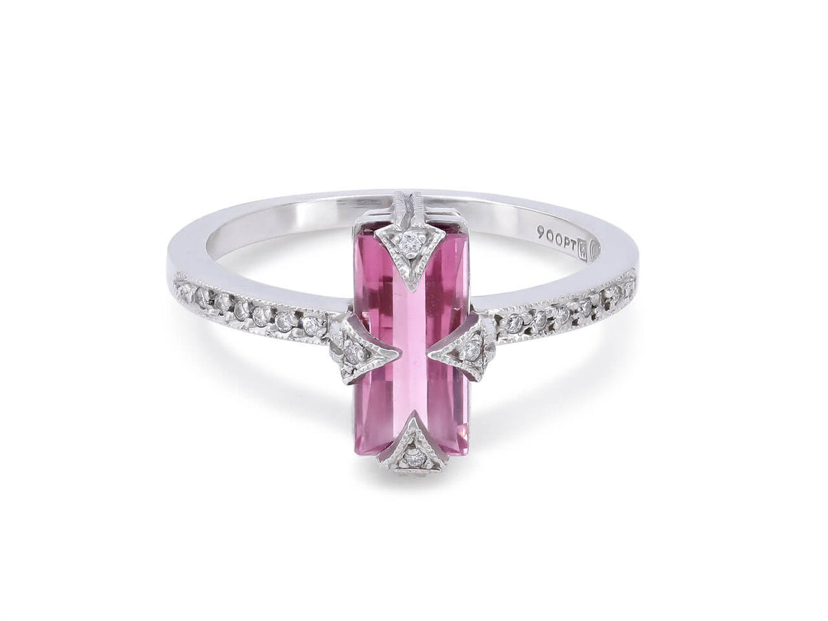Platinum ring with elongated pink tourmaline and diamonds