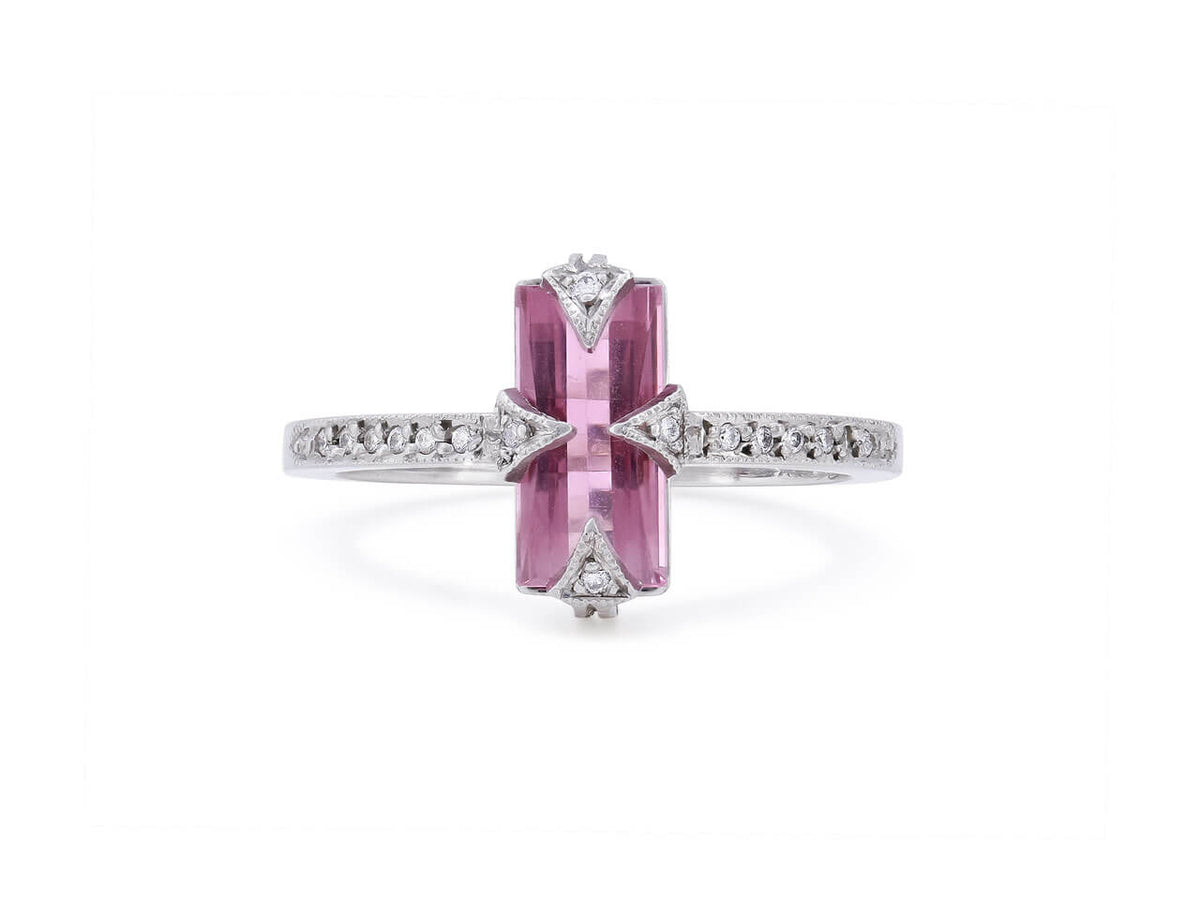 Platinum ring with rectangular pink tourmaline and diamond shoulders