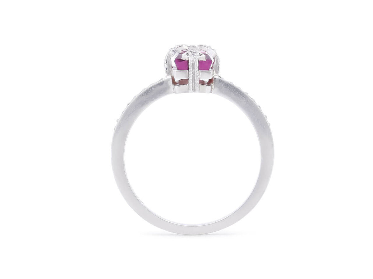 Side profile of a platinum ring with pink tourmaline