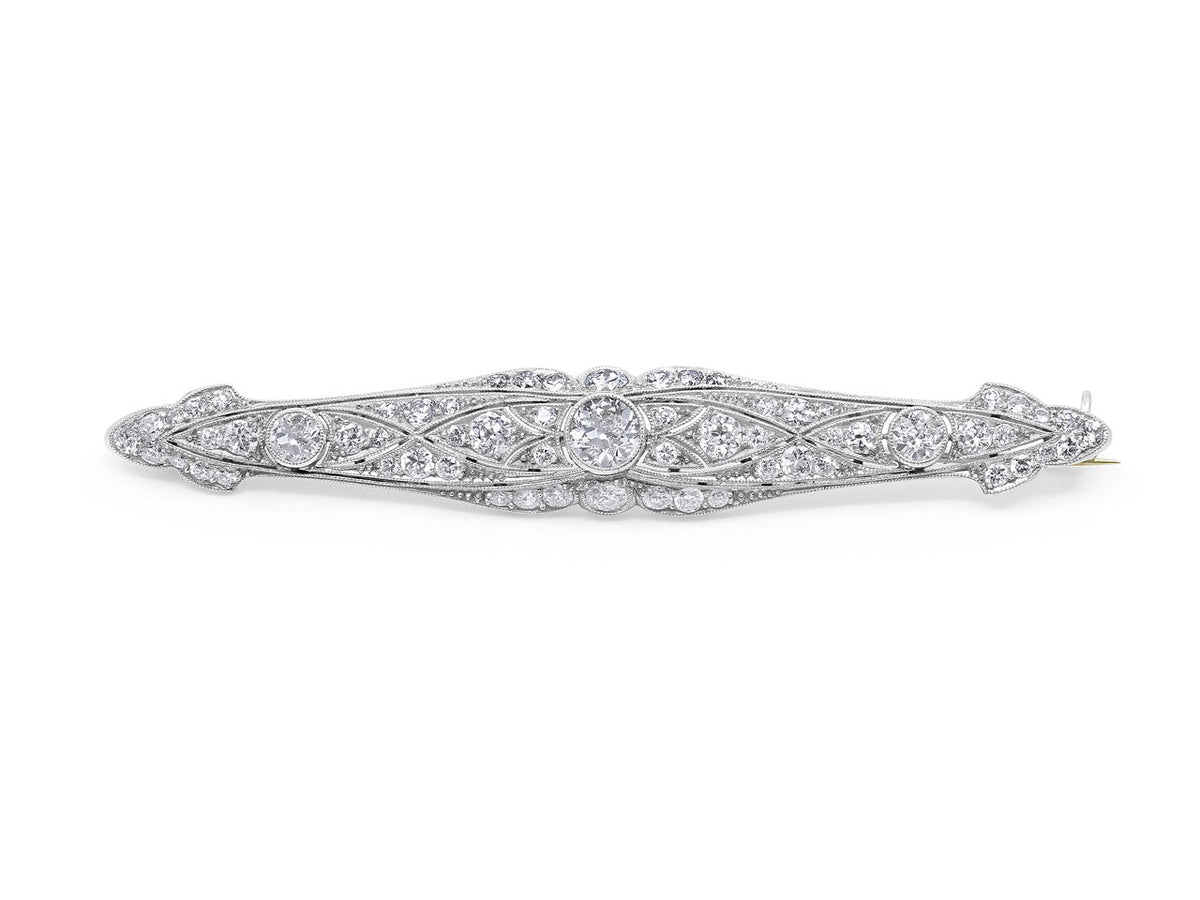 Art Deco platinum bar brooch with three diamonds