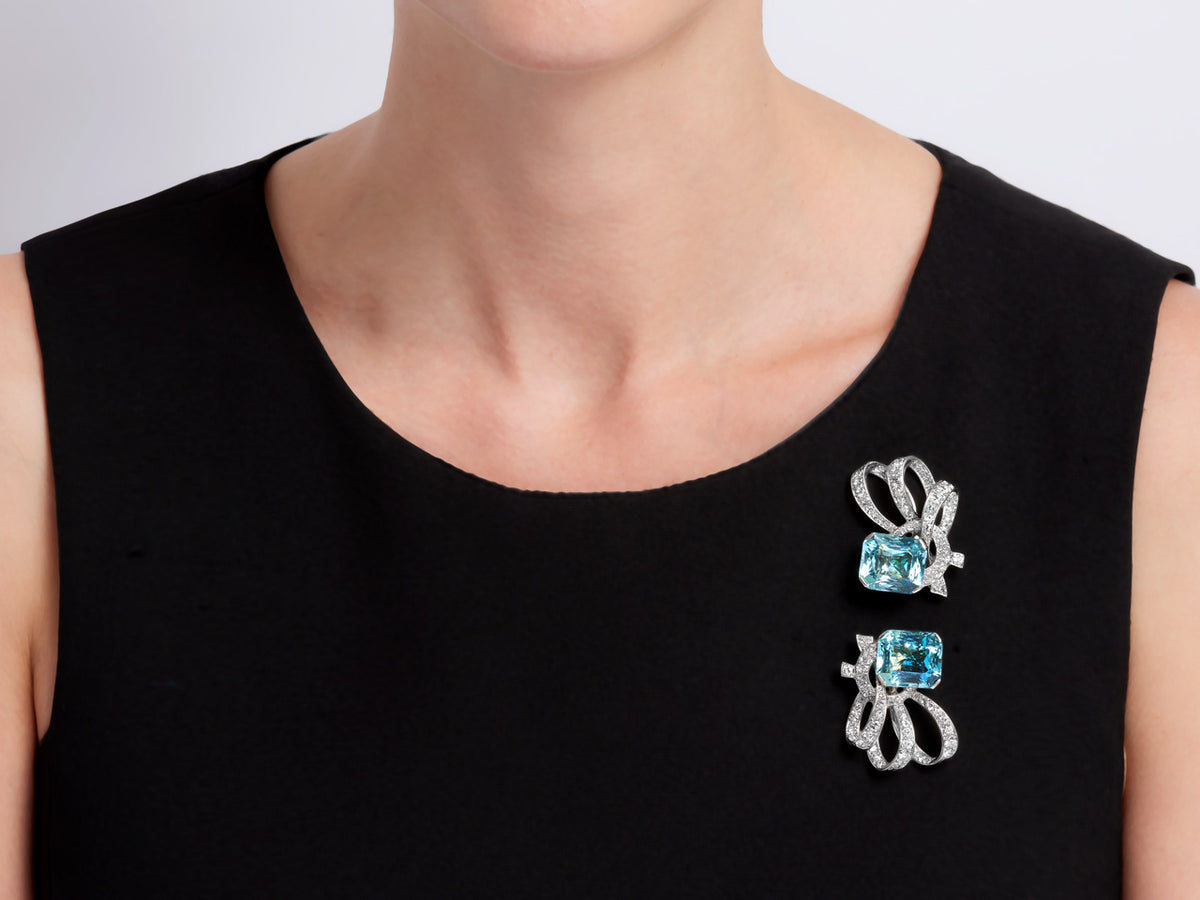 Aquamarine double clip brooch with diamond accents
