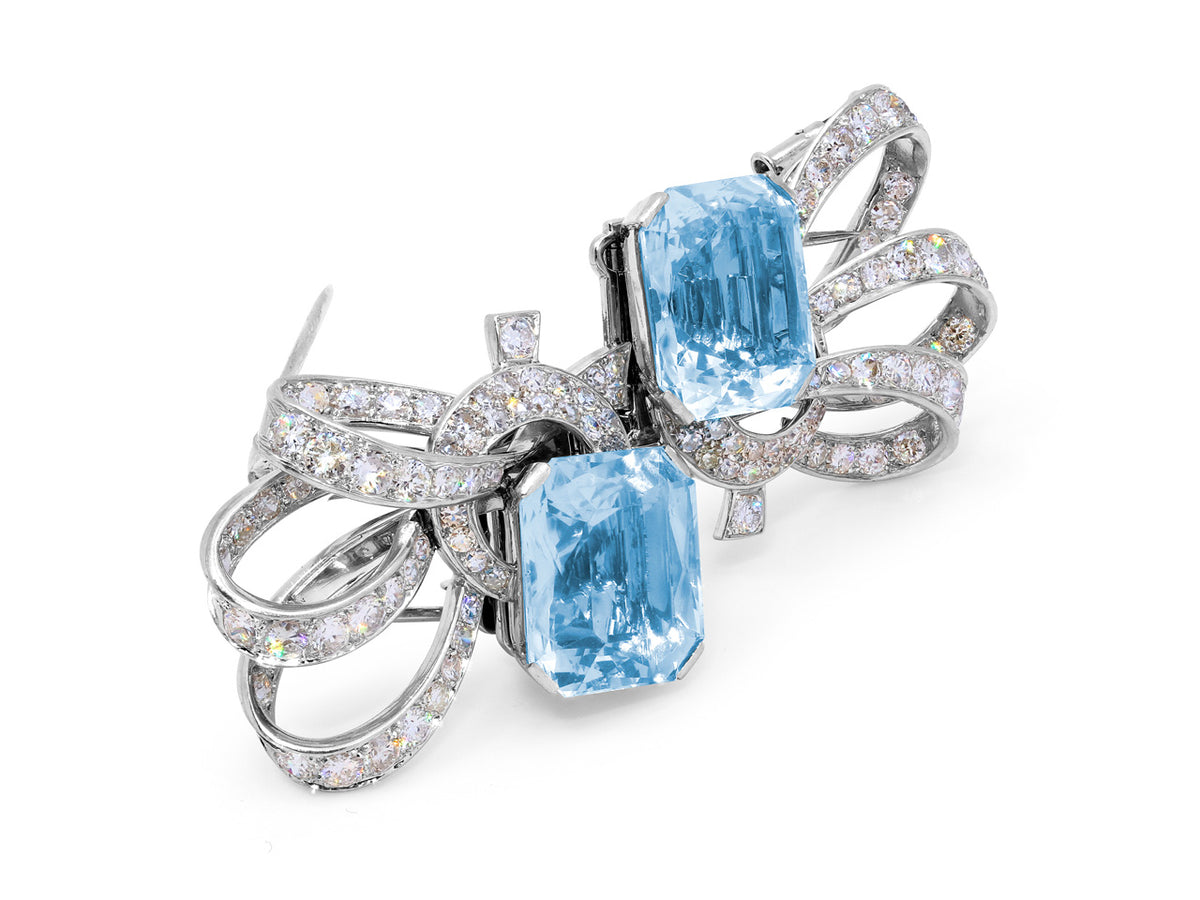 Platinum double clip brooch with two aquamarines and diamonds