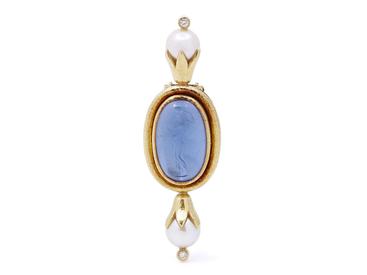 Oval blue glass intaglio brooch with pearl accents