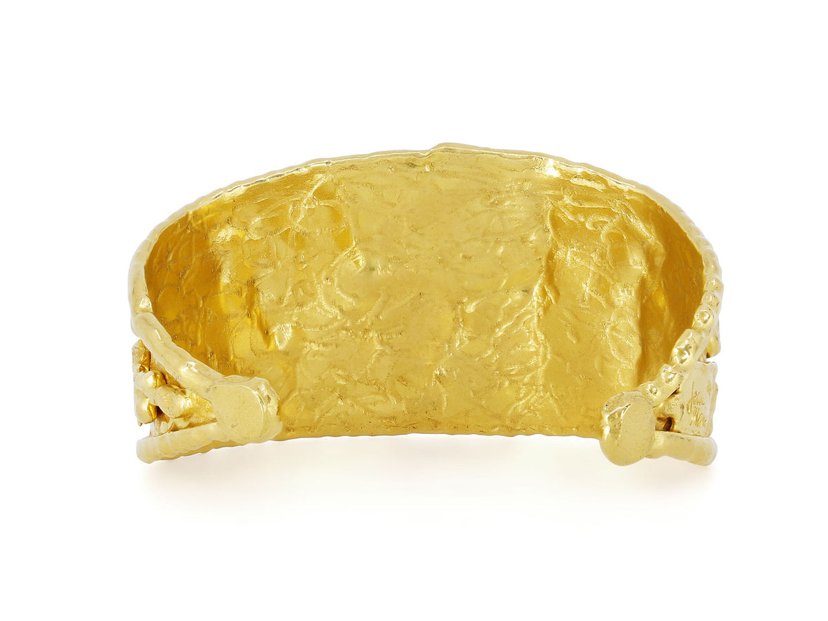 Hand hammered 22K gold cuff bracelet with abstract motifs