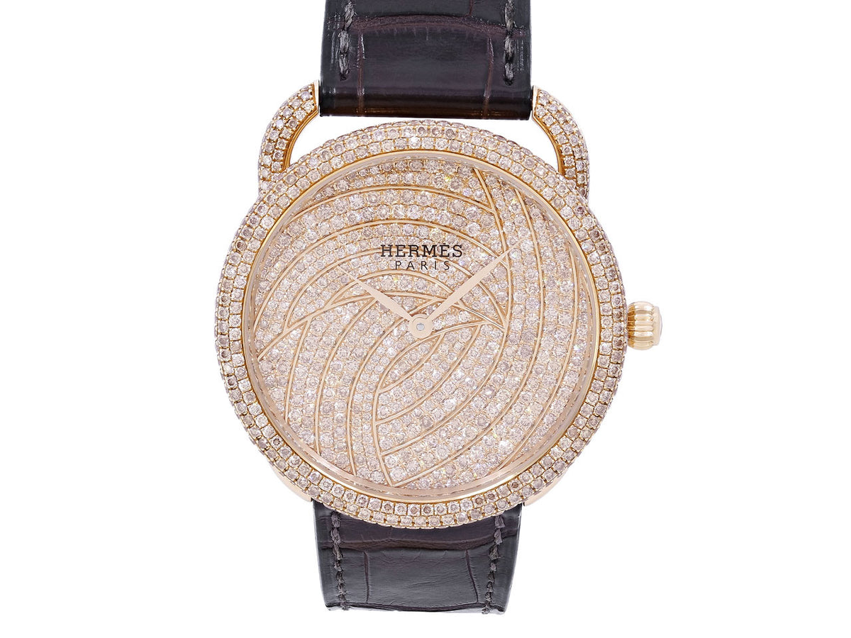Diamond set rose gold Hermes watch with brown alligator strap