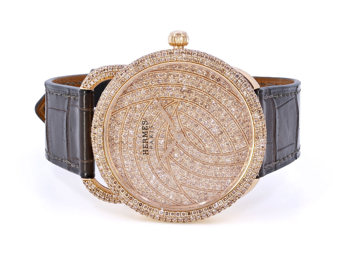 Diamond set rose gold watch with brown alligator strap