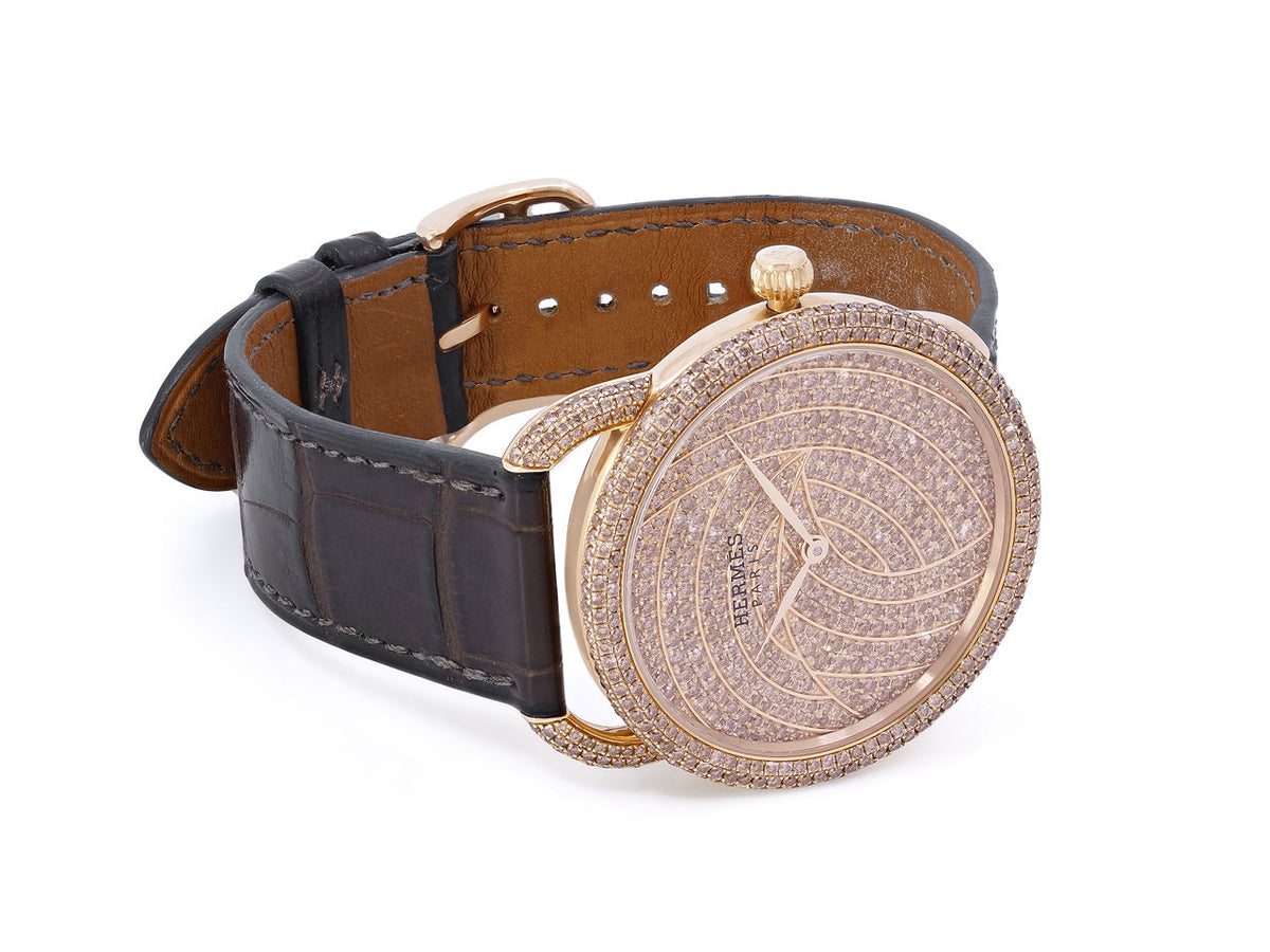 Rose gold diamond watch with brown alligator strap