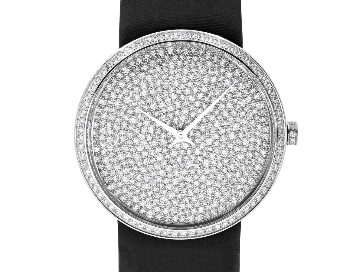 Diamond set white gold watch with black satin strap