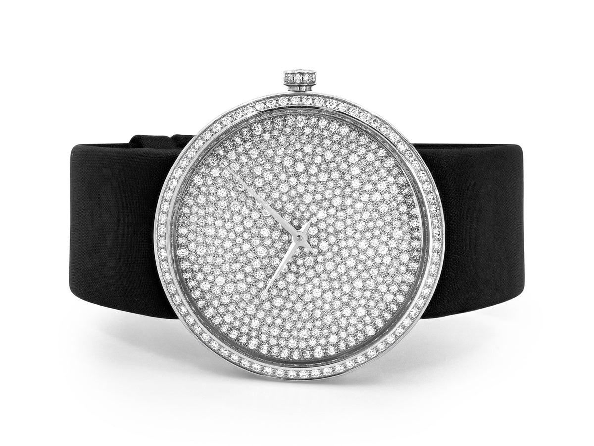 Dior diamond watch in white gold with black satin strap