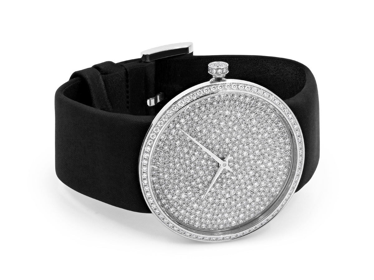 Diamond set white gold watch with black satin strap