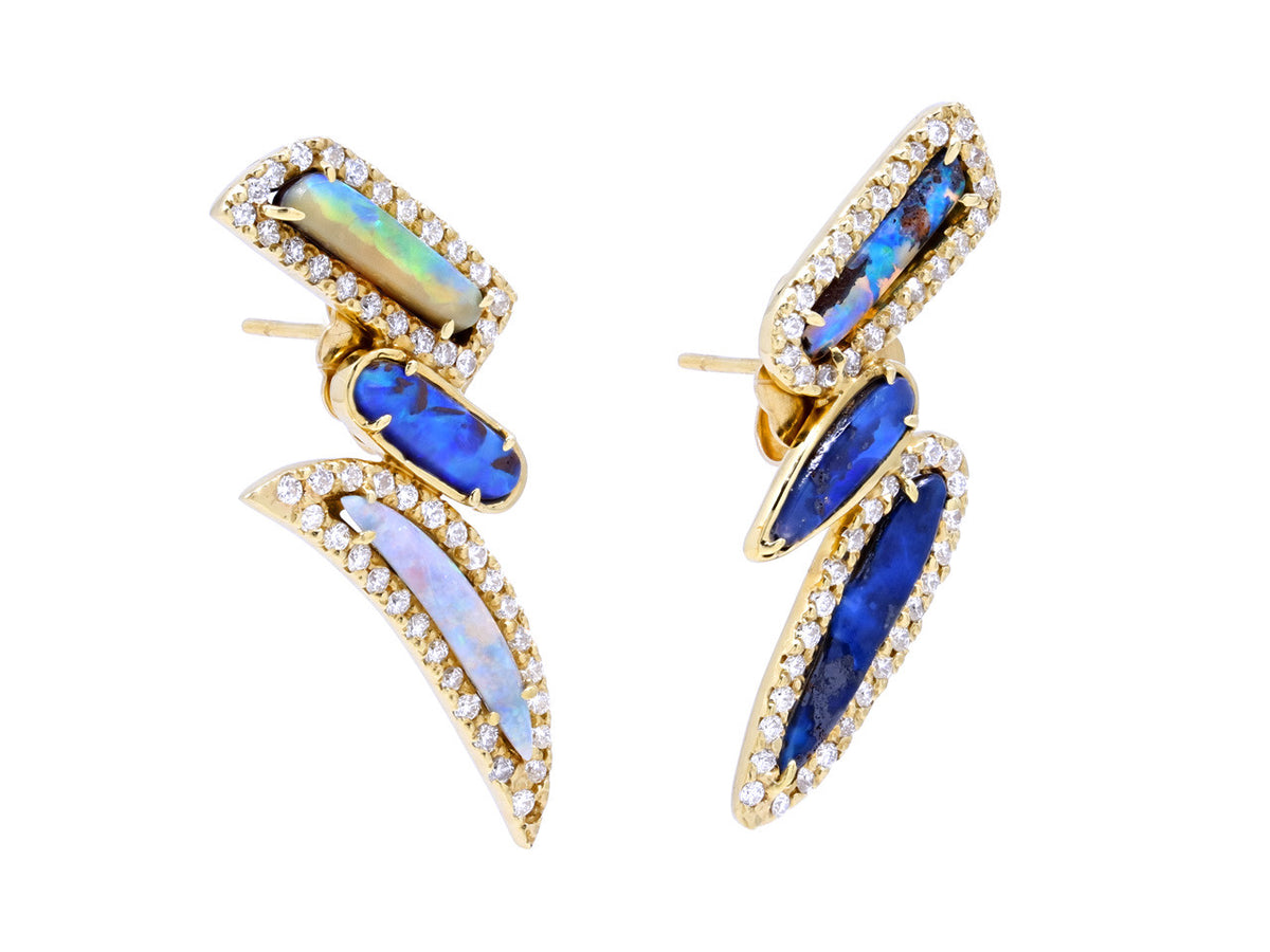 18K gold earrings with blue and white opals and diamond halos