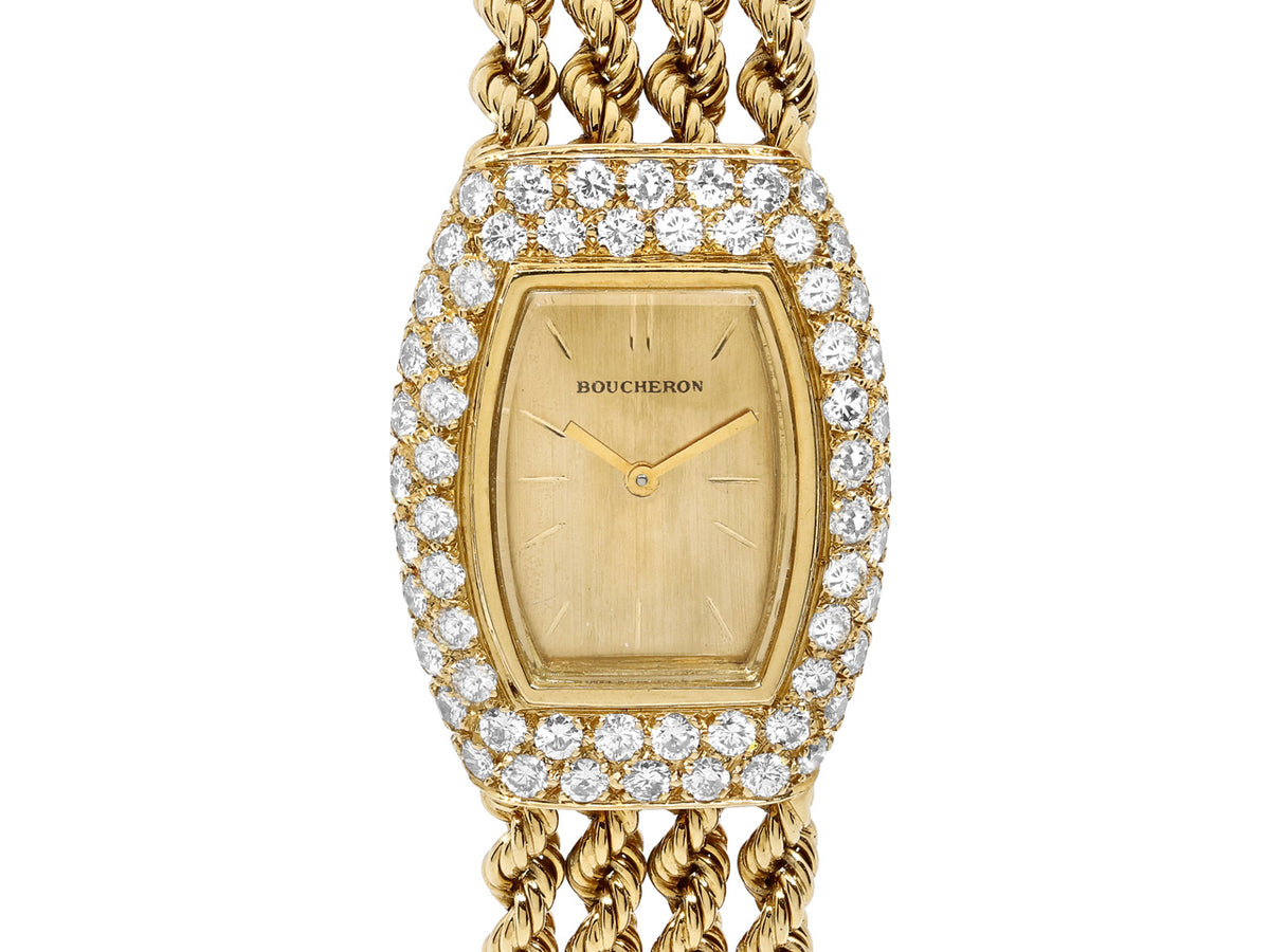 Boucheron diamond watch with gold dial and rope bracelet