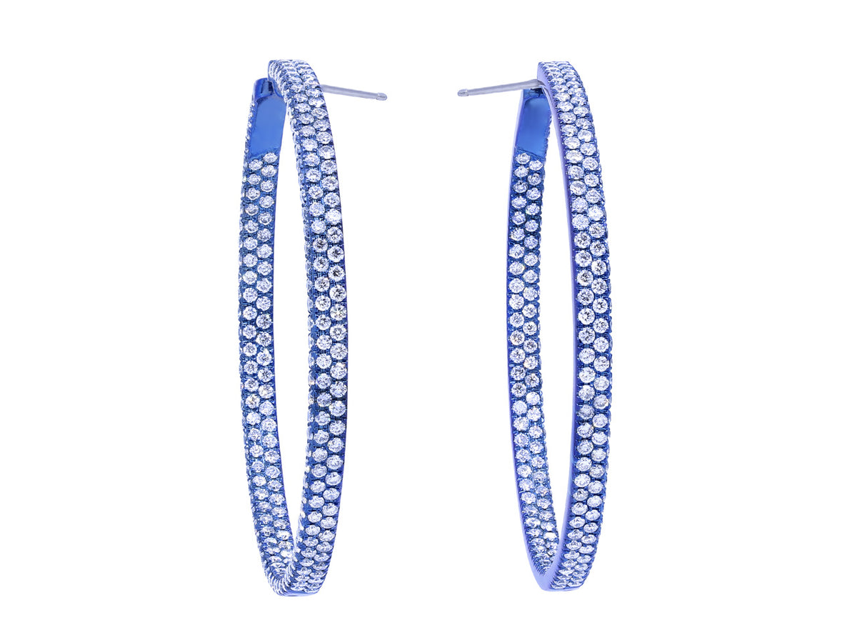 Blue titanium hoop earrings with pave diamonds
