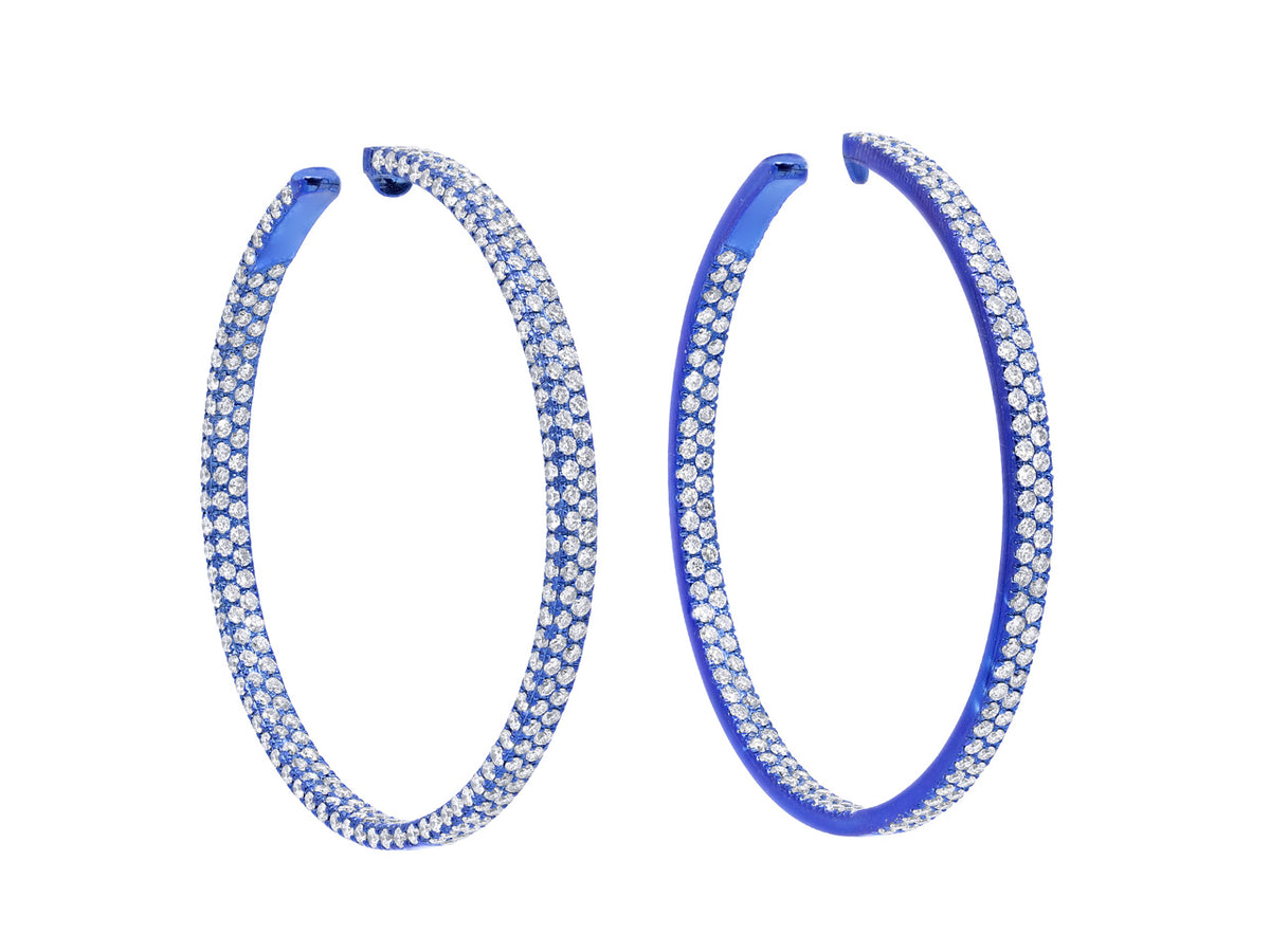 Pair of blue titanium hoop earrings with pave set diamonds