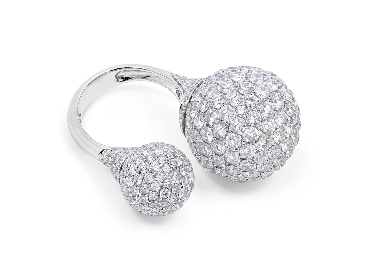 Open white gold ring with two pavé diamond balls