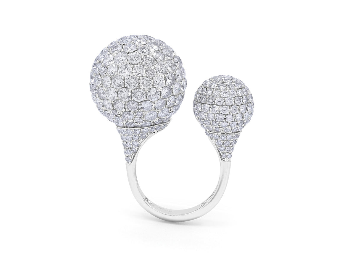 Open white gold ring with two pave diamond balls