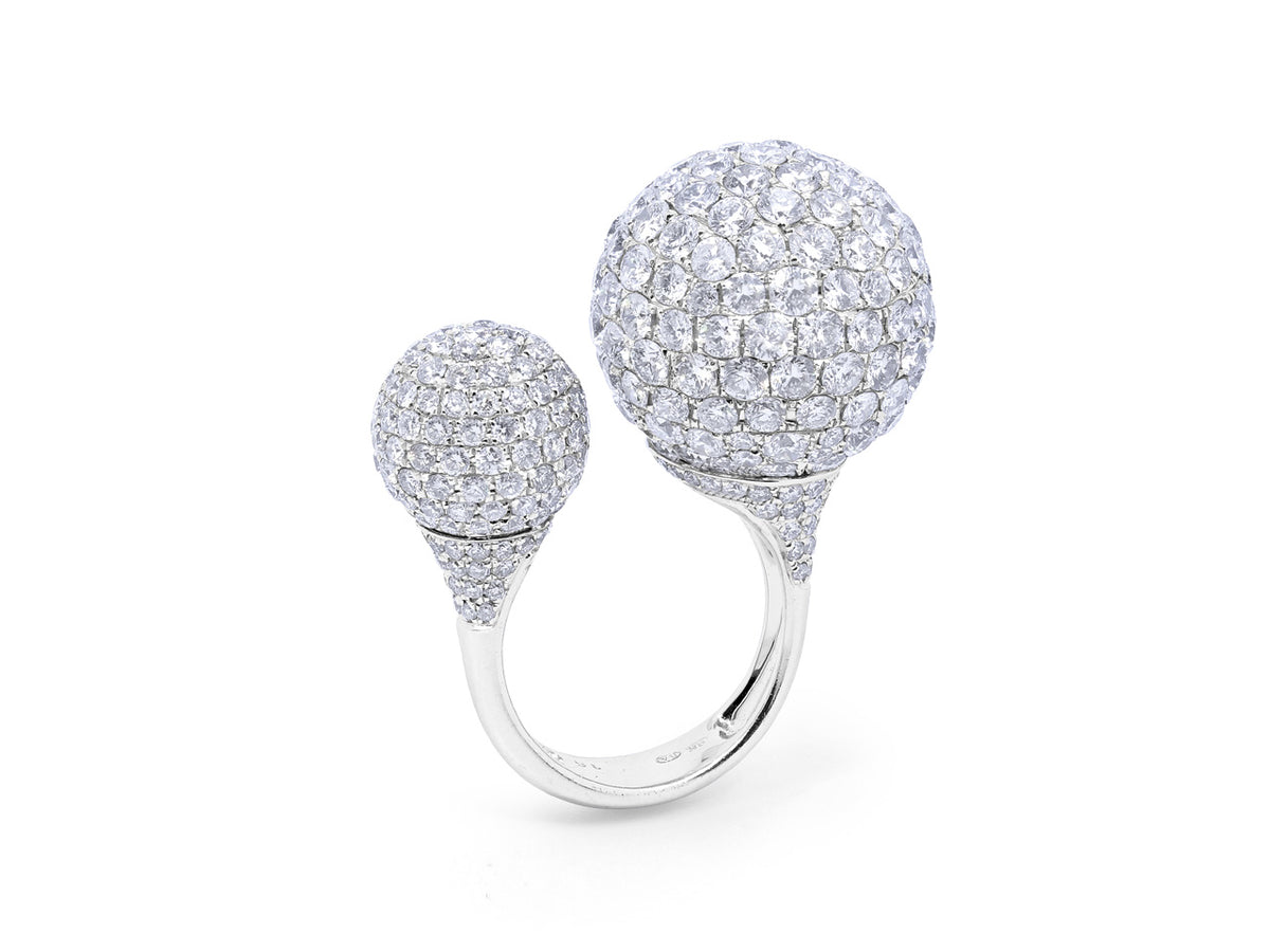 Open white gold ring with two pave diamond balls