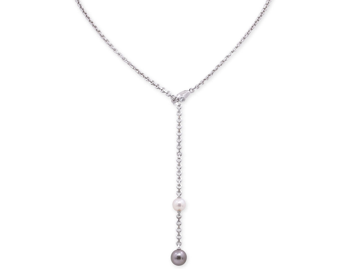 White gold lariat necklace with two dangling pearls
