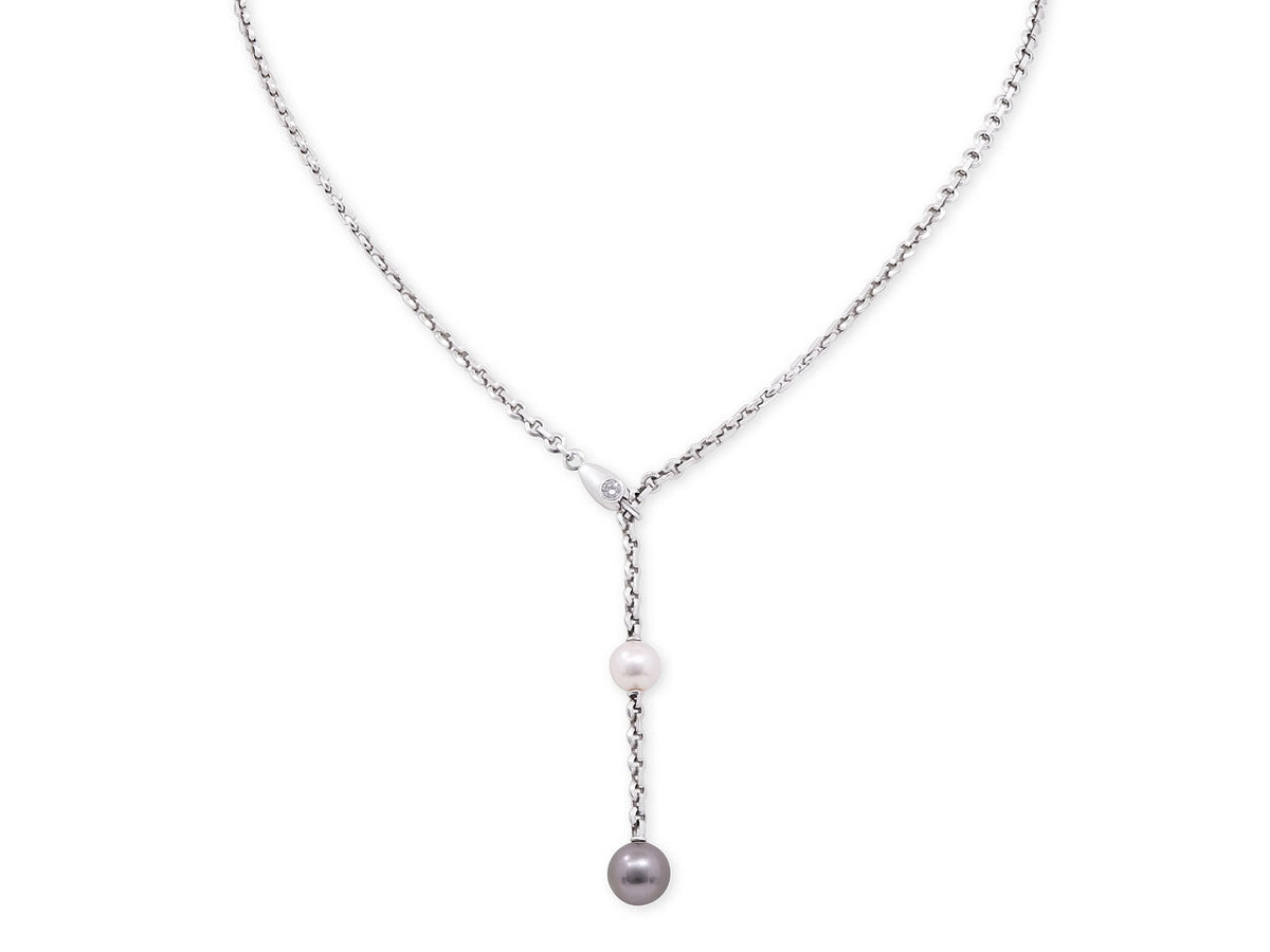 Lariat necklace with pink and Tahitian pearls in white gold