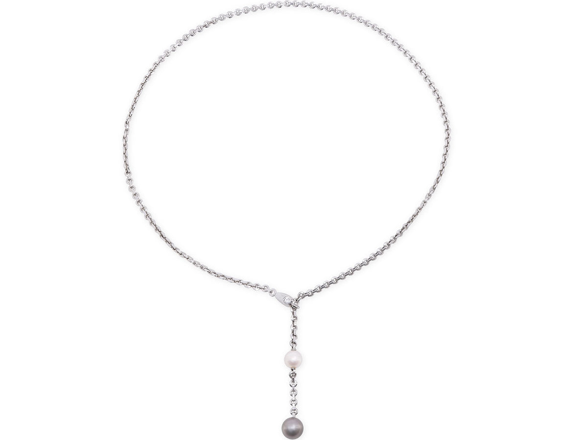 Lariat necklace with white gold chain and pink and Tahitian pearls