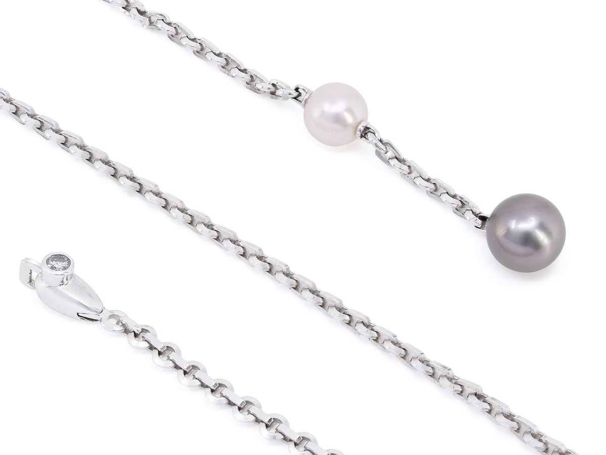 18K white gold lariat necklace with pink and Tahitian pearls