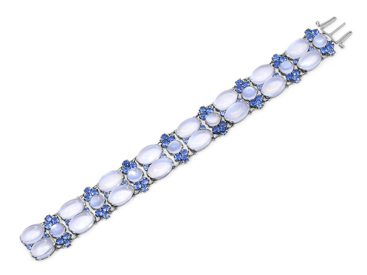 Platinum bracelet featuring cabochon moonstones and blue sapphires