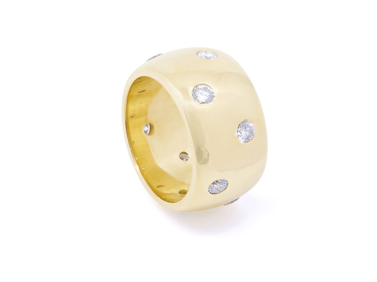 Wide polished 18K yellow gold ring with diamonds