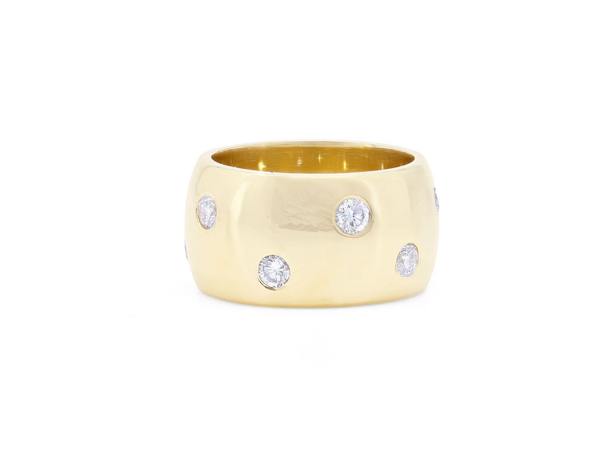 Wide polished 18K yellow gold band with flush-set diamonds