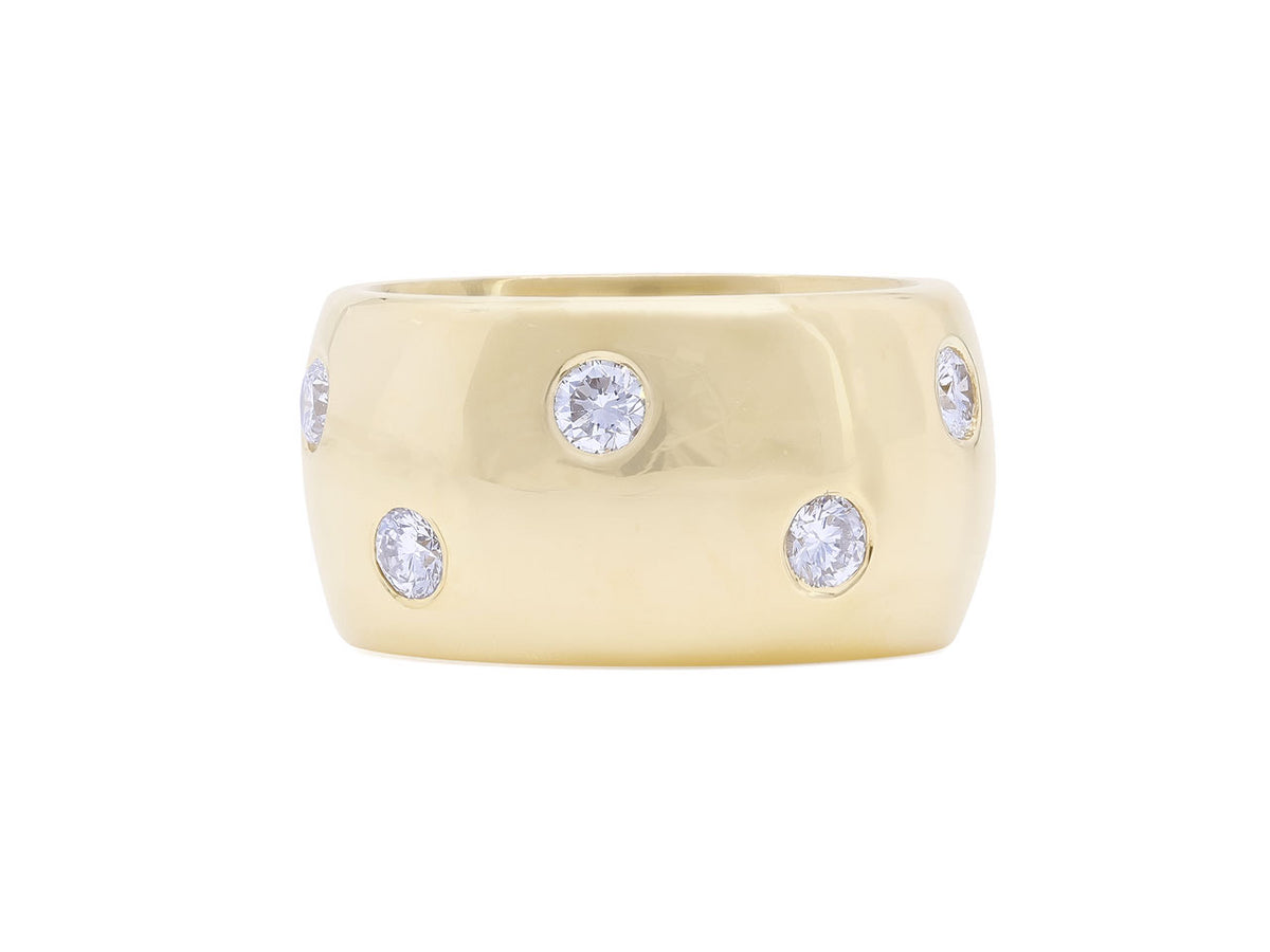 Wide 18K yellow gold band with flush set diamonds