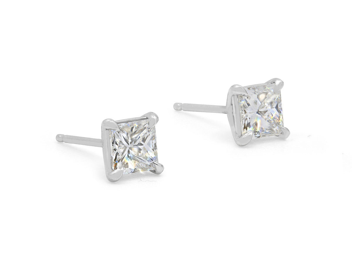 Princess cut diamond stud earrings in platinum