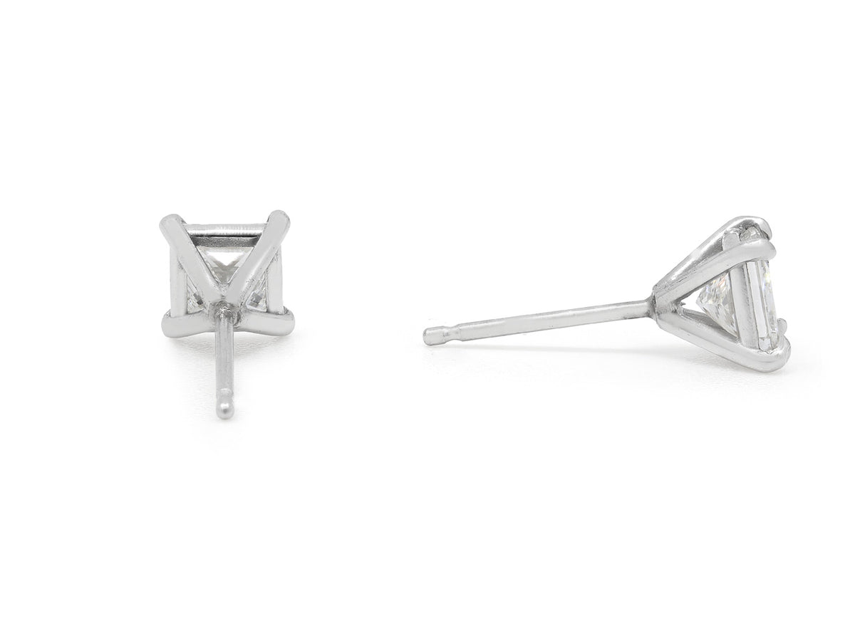 Princess cut diamond stud earrings in platinum settings