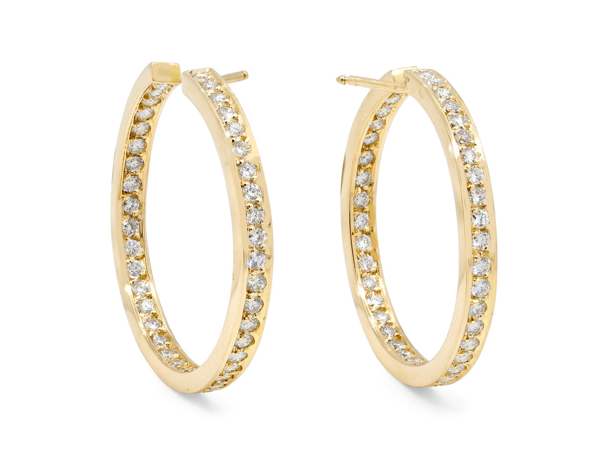 18K gold hoop earrings with rows of round diamonds