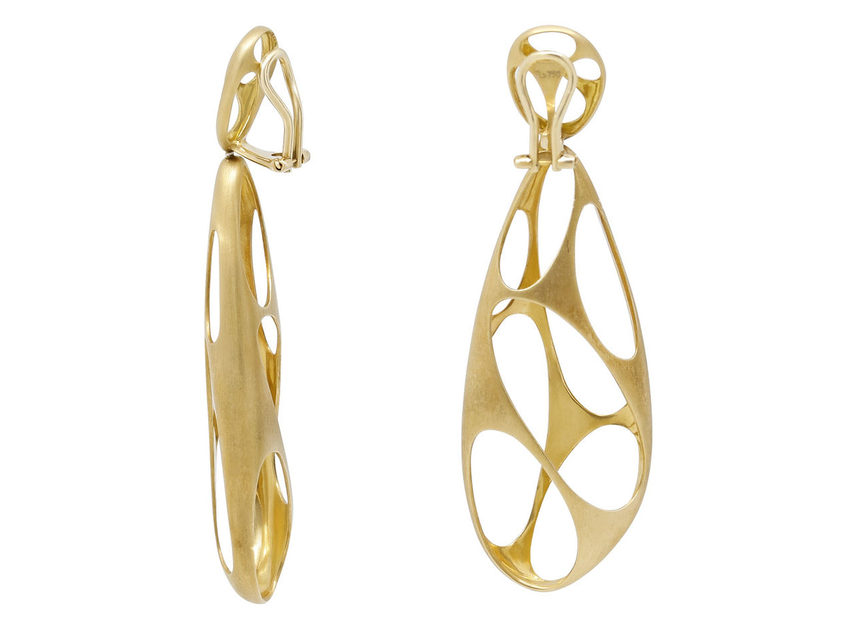 Openwork 18K gold oval drop earrings with clip backs