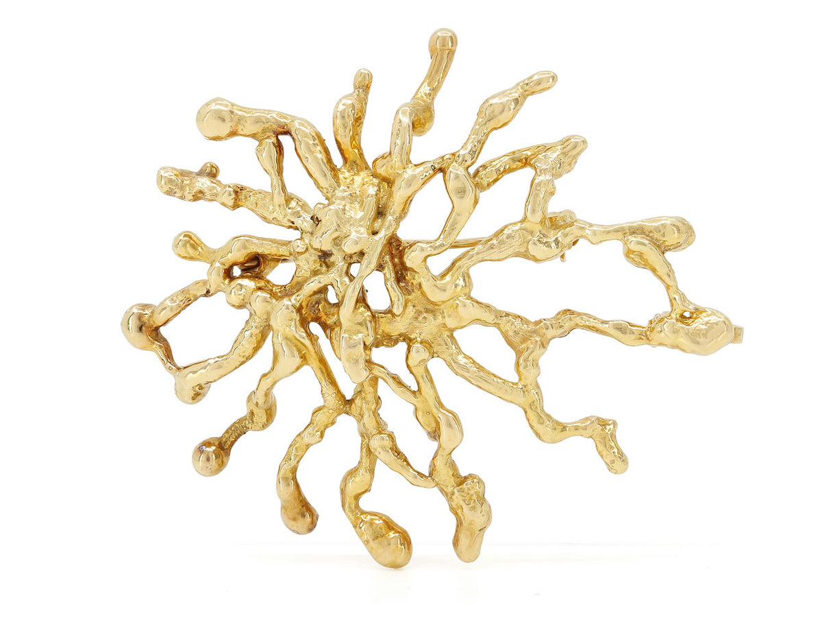Asymmetrical textured 18k gold brooch with pendant bail