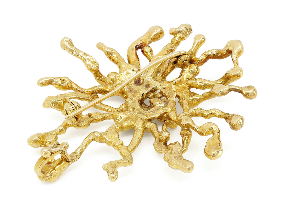 Asymmetrical textured 18K gold brooch with pendant bail