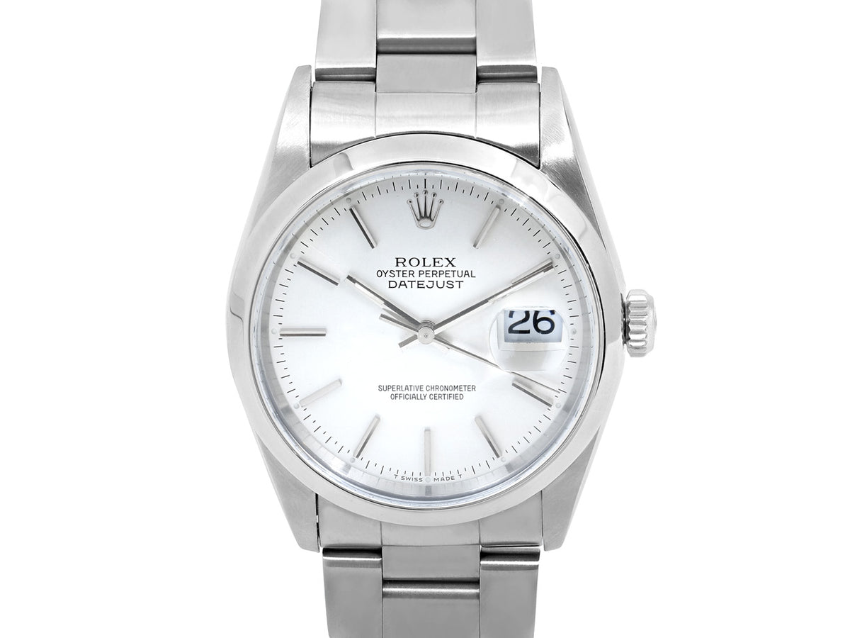 Stainless steel Rolex Datejust watch with silver dial