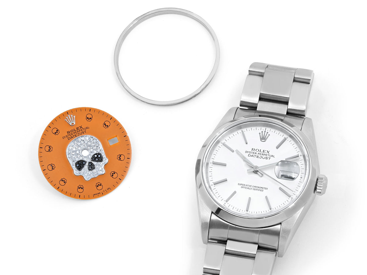 Stainless steel Rolex Datejust with silver and skull dials