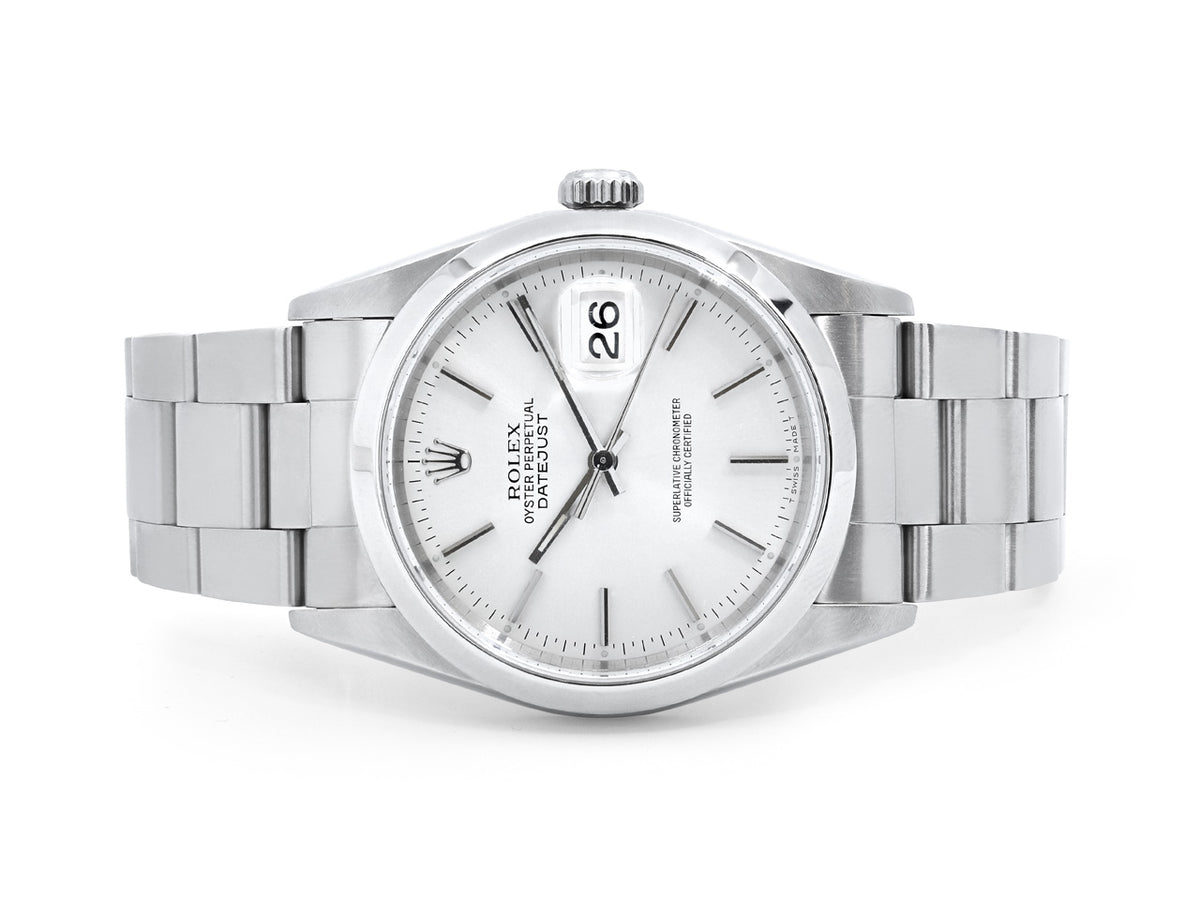 Stainless steel Rolex Datejust watch with silver dial